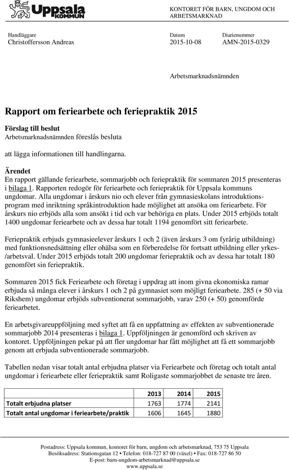 Ärendet En rapport gällande feriearbete, sommarjobb och feriepraktik för sommaren 2015 presenteras i bilaga 1. Rapporten redogör för feriearbete och feriepraktik för Uppsala kommuns ungdomar.