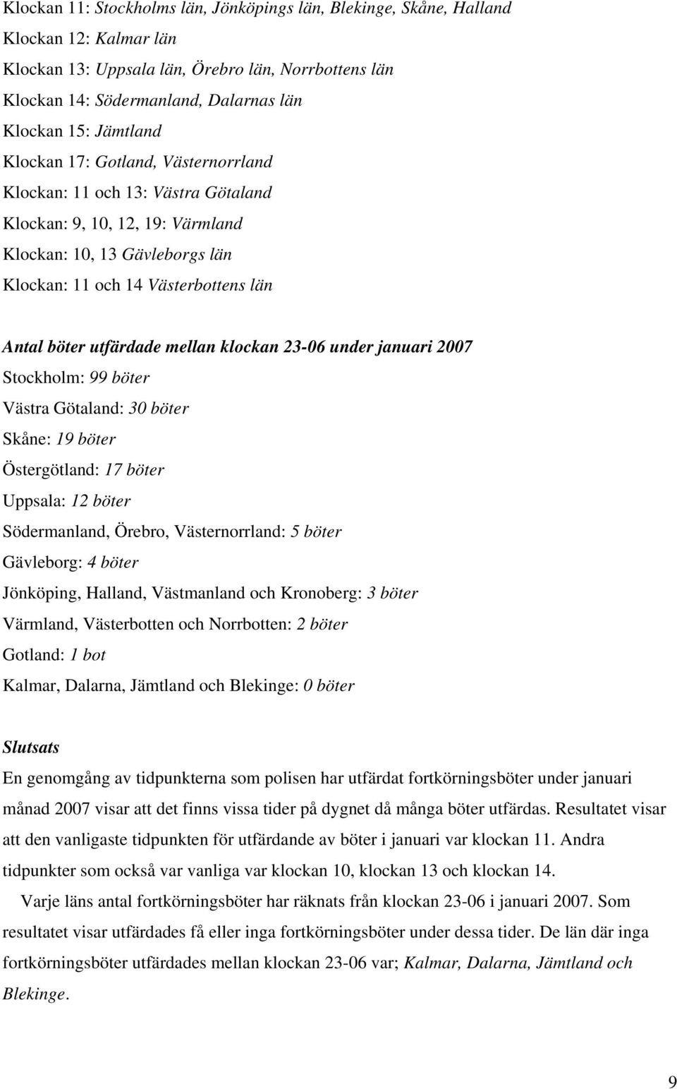 utfärdade mellan klockan 23-06 under januari 2007 Stockholm: 99 böter Västra Götaland: 30 böter Skåne: 19 böter Östergötland: 17 böter Uppsala: 12 böter Södermanland, Örebro, Västernorrland: 5 böter