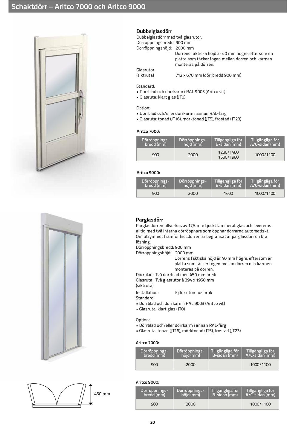 Glasrutor: (siktruta) 712 x 670 mm (dörrbredd 900 mm) Standard: Dörrblad och dörrkarm i RAL 9003 (Aritco vit) Glasruta: klart glas (JT0) Option: Dörrblad och/eller dörrkarm i annan RAL-färg Glasruta: