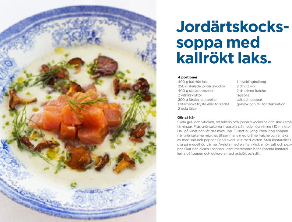 dl crème fraiche rapsolja gräslök och dill för dekoration Skala gul- och vitlöken, rotsellerin och jordärtskockorna och skär i små tärningar.