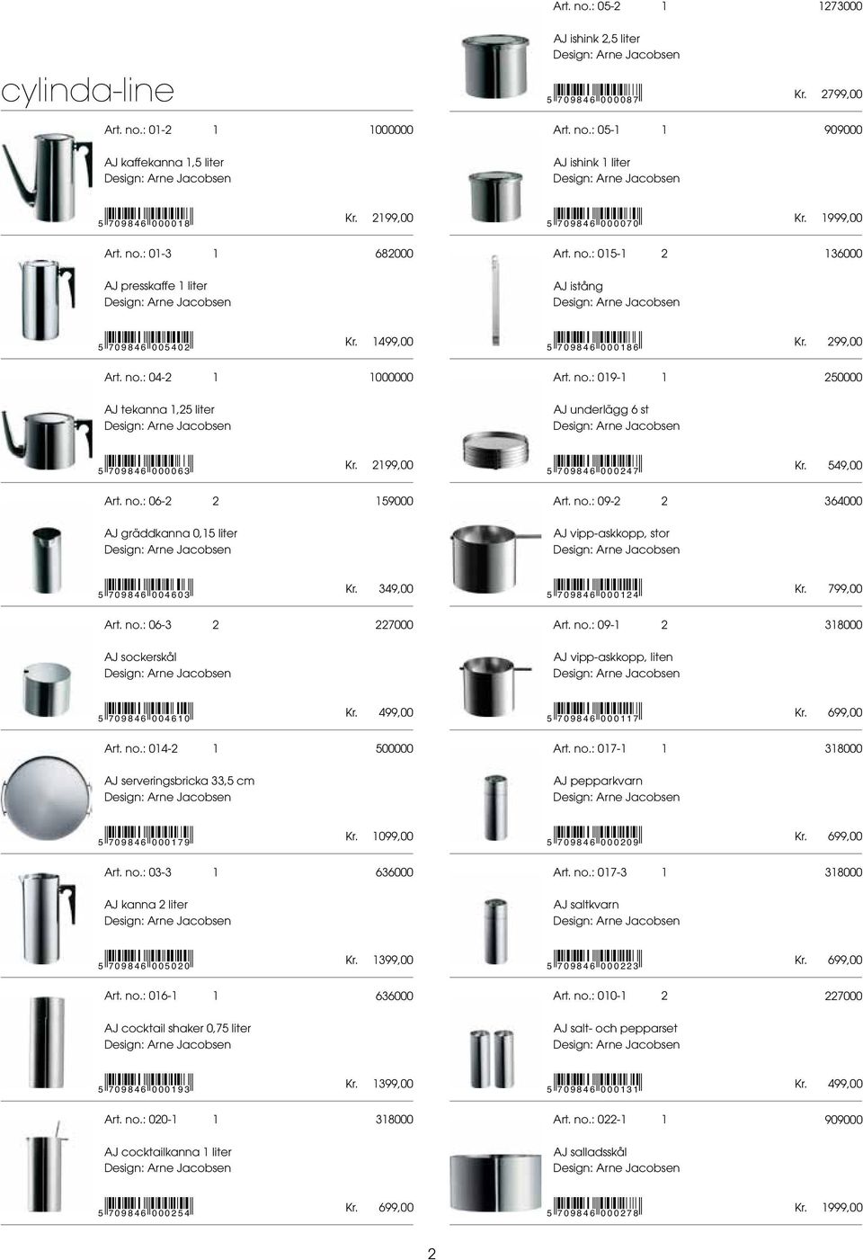 no.: 019-1 1 AJ tekanna 1,25 liter AJ underlägg 6 st Arne Jacobsen Arne Jacobsen 5 709846 000063 Kr. 2199,00 5 709846 000247 Art. no.