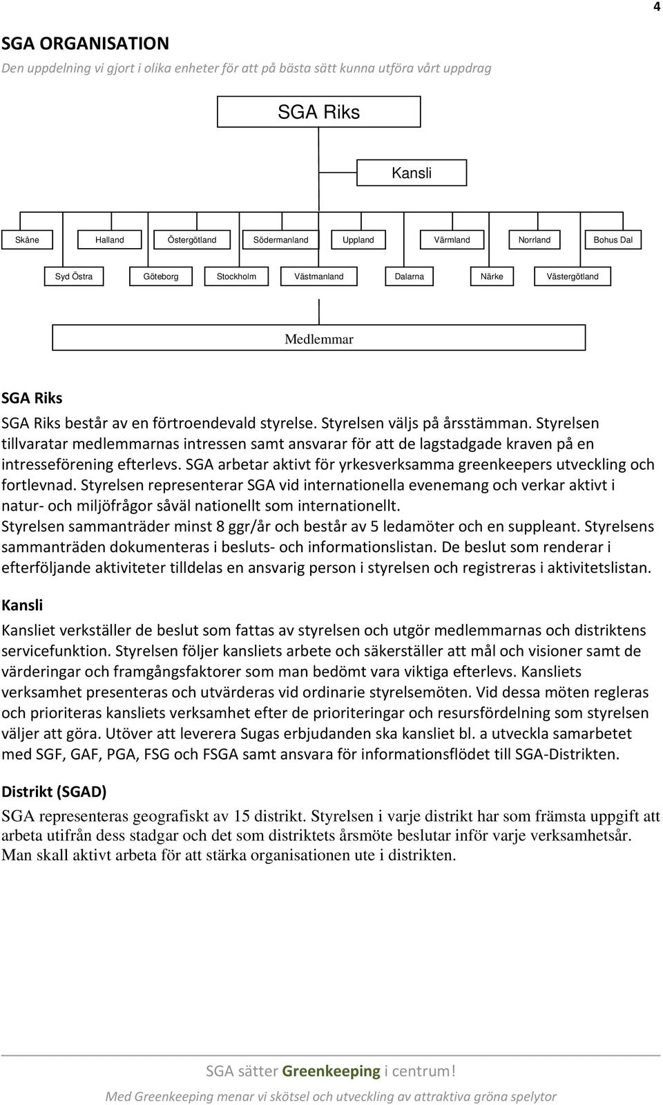 Styrelsen tillvaratar medlemmarnas intressen samt ansvarar för att de lagstadgade kraven på en intresseförening efterlevs. SGA arbetar aktivt för yrkesverksamma greenkeepers utveckling och fortlevnad.