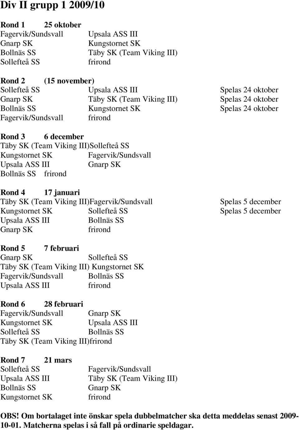 januari Täby SK (Team Viking III)Fagervik/Sundsvall Spelas 5 december Kungstornet SK Spelas 5 december Upsala ASS III frirond Rond 5 7 februari Täby SK (Team Viking III) Kungstornet SK