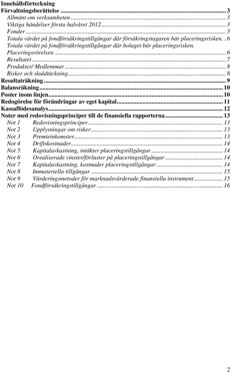 .. 6 Resultatet... 7 Produkter/ Medlemmar... 8 Risker och skuldtäckning... 8 Resultaträkning... 9 Balansräkning... 10 Poster inom linjen... 10 Redogörelse för förändringar av eget kapital.