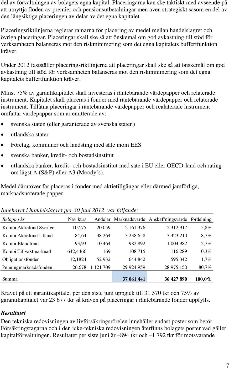 Placeringsriktlinjerna reglerar ramarna för placering av medel mellan handelslagret och övriga placeringar.