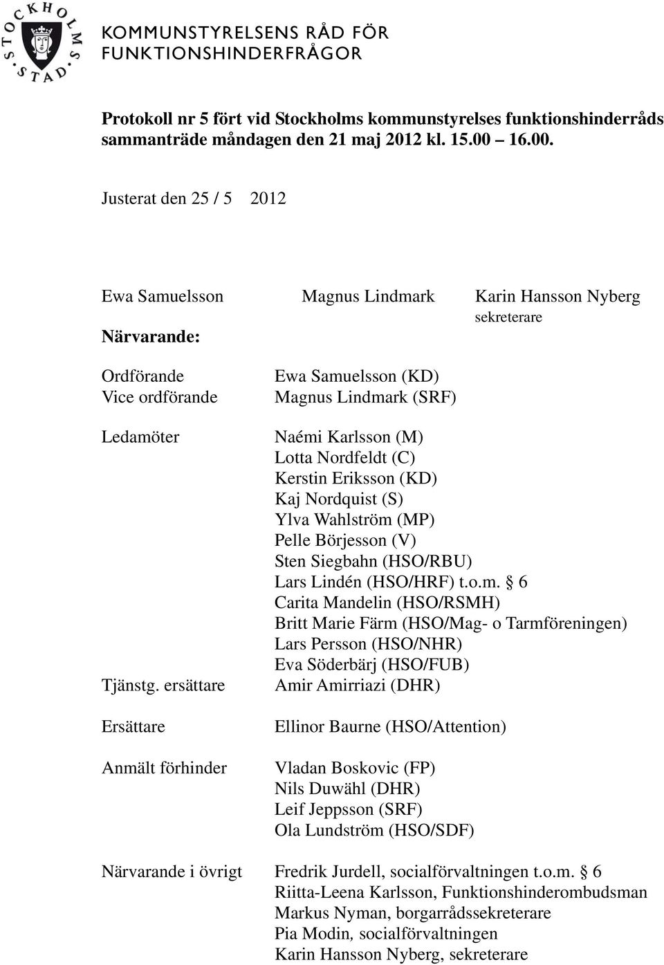 ersättare Ersättare Anmält förhinder Ewa Samuelsson (KD) Magnus Lindmark (SRF) Naémi Karlsson (M) Lotta Nordfeldt (C) Kerstin Eriksson (KD) Kaj Nordquist (S) Ylva Wahlström (MP) Pelle Börjesson (V)