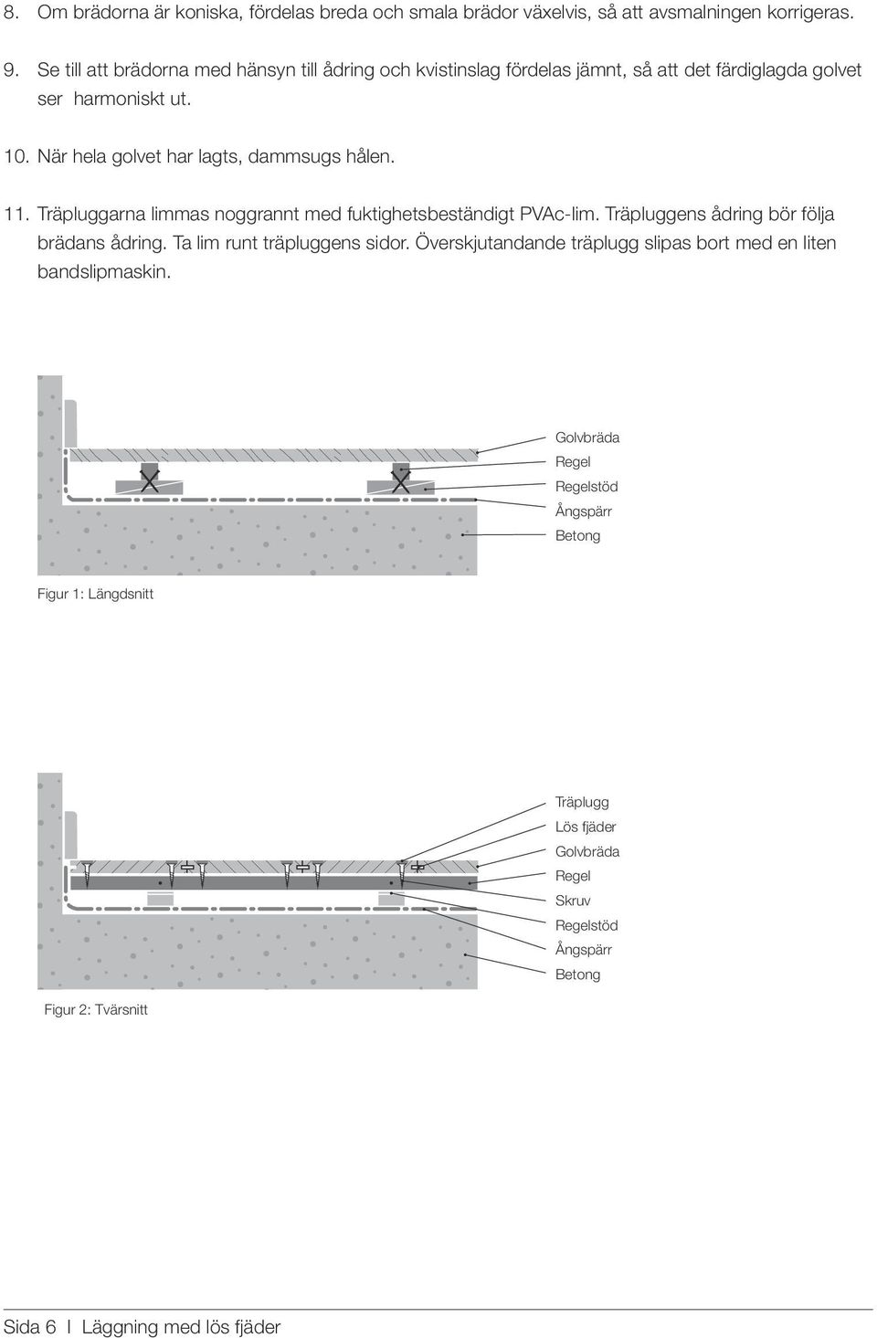 När hela golvet har lagts, dammsugs hålen. 11. Träpluggarna limmas noggrannt med fuktighetsbeständigt PVAc-lim. Träpluggens ådring bör följa brädans ådring.