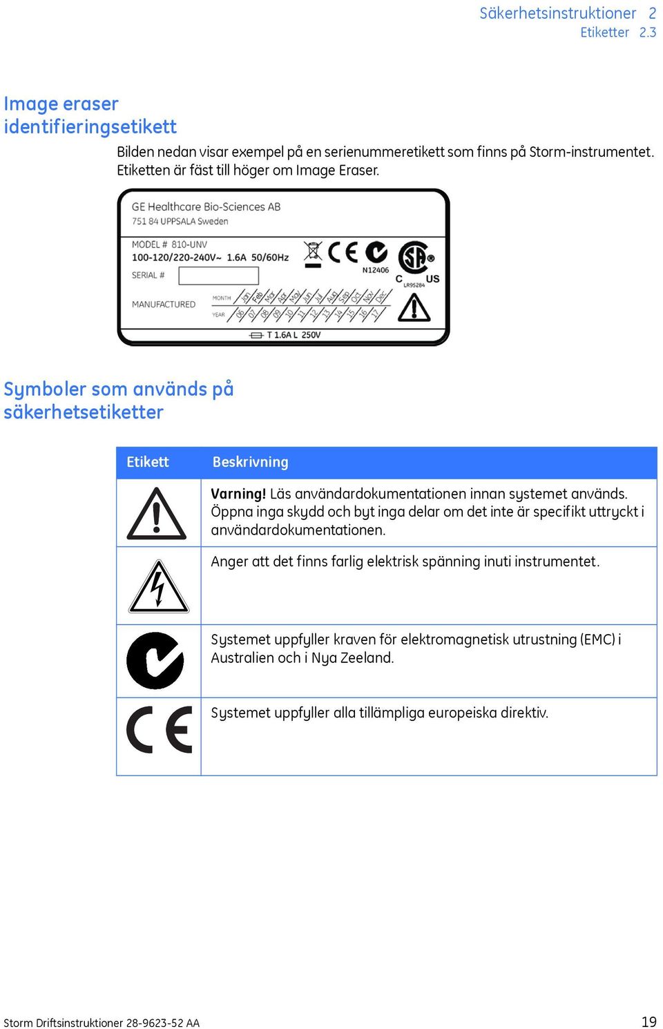 Öppna inga skydd och byt inga delar om det inte är specifikt uttryckt i användardokumentationen. Anger att det finns farlig elektrisk spänning inuti instrumentet.