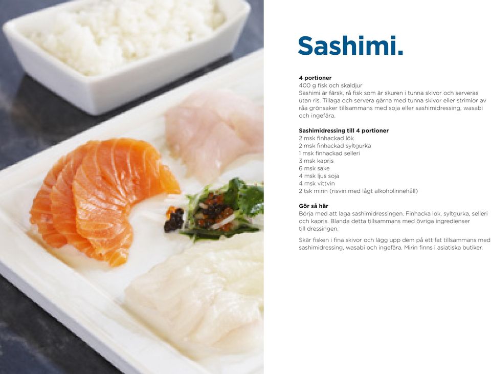 Sashimidressing till 4 portioner 2 msk finhackad lök 2 msk finhackad syltgurka 1 msk finhackad selleri 3 msk kapris 6 msk sake 4 msk ljus soja 4 msk vittvin 2 tsk mirin (risvin med lågt