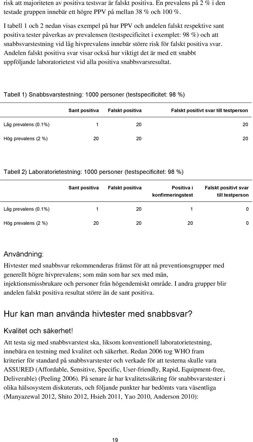 hivprevalens innebär större risk för falskt positiva svar. Andelen falskt positiva svar visar också hur viktigt det är med ett snabbt uppföljande laboratorietest vid alla positiva snabbsvarsresultat.