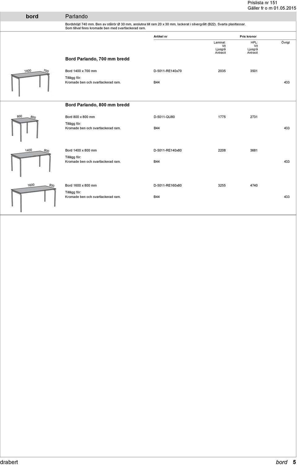 Prislista nr 151 Bord Parlando, 700 mm bredd Laminat: Vit Ljusgrå Antracit HPL: Vit Ljusgrå Antracit Övrigt Bord 1400 x 700 mm D-5011-RE140x70 2035 3501 Kromade ben och