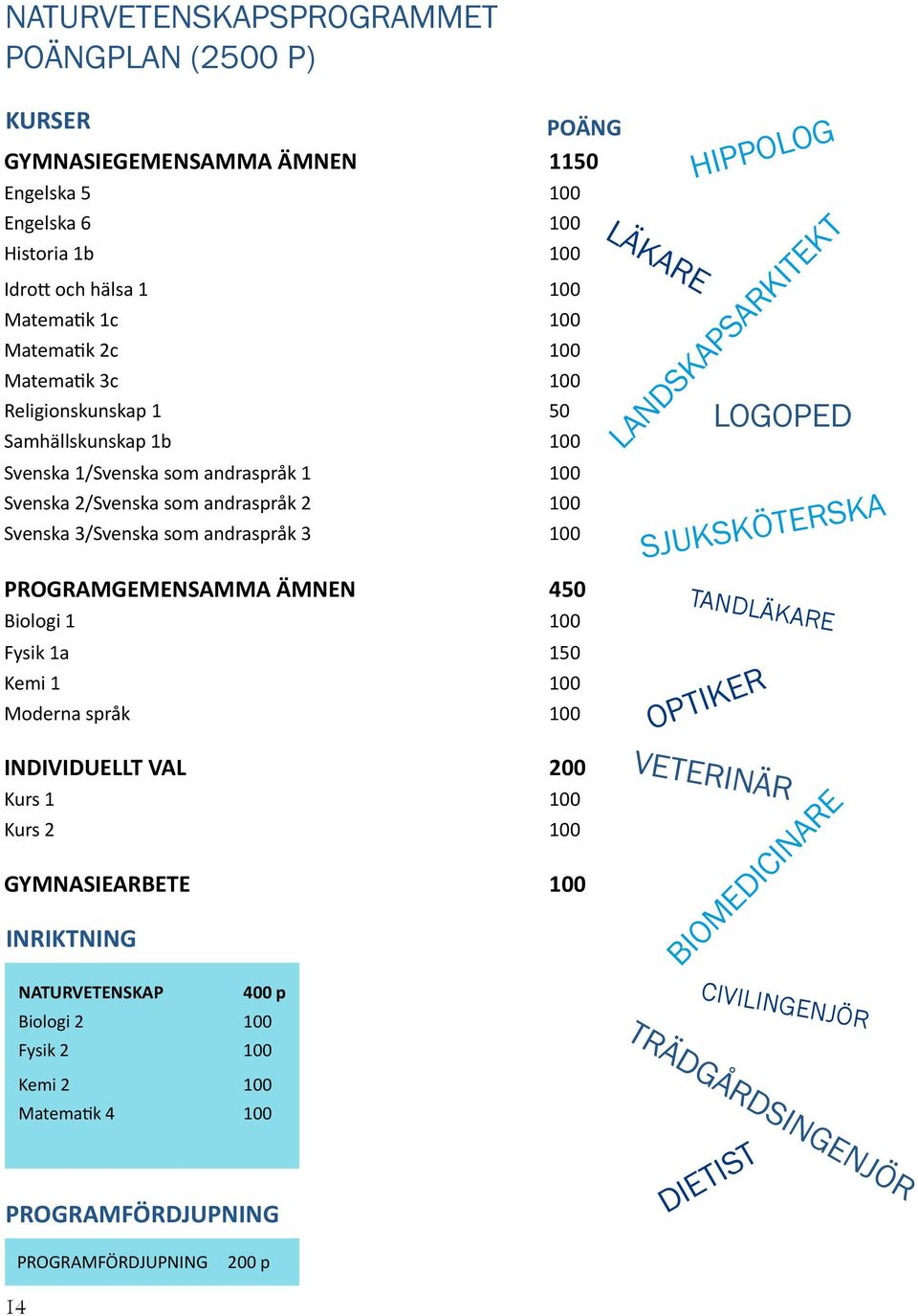 ÄMNEN 450 Biologi 1 100 Fysik 1a 150 Kemi 1 100 Moderna språk 100 INDIVIDUELLT VAL 200 Kurs 1 100 Kurs 2 100 GYMNASIEARBETE 100 INRIKTNING NATURVETENSKAP 400 p Biologi 2 100 Fysik 2 100 Kemi 2 100