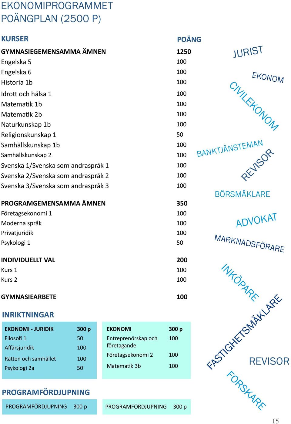 PROGRAMGEMENSAMMA ÄMNEN 350 Företagsekonomi 1 100 Moderna språk 100 Privatjuridik 100 Psykologi 1 50 INDIVIDUELLT VAL 200 Kurs 1 100 Kurs 2 100 POÄNG JURIST BANKTJÄNSTEMAN EKONOM CIVILEKONOM REVISOR