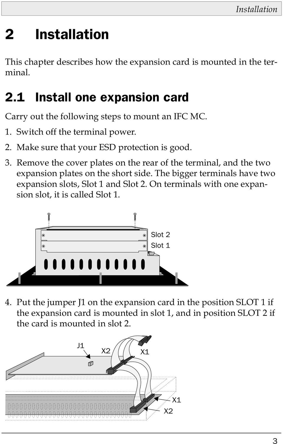 Remove the cover plates on the rear of the terminal, and the two expansion plates on the short side. The bigger terminals have two expansion slots, Slot 1 and Slot 2.