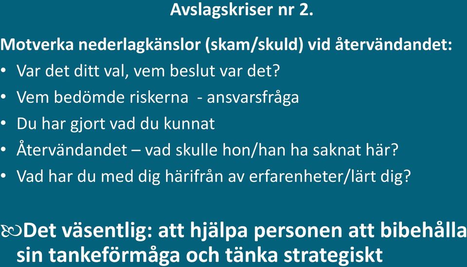 det? Vem bedömde riskerna - ansvarsfråga Du har gjort vad du kunnat Återvändandet vad