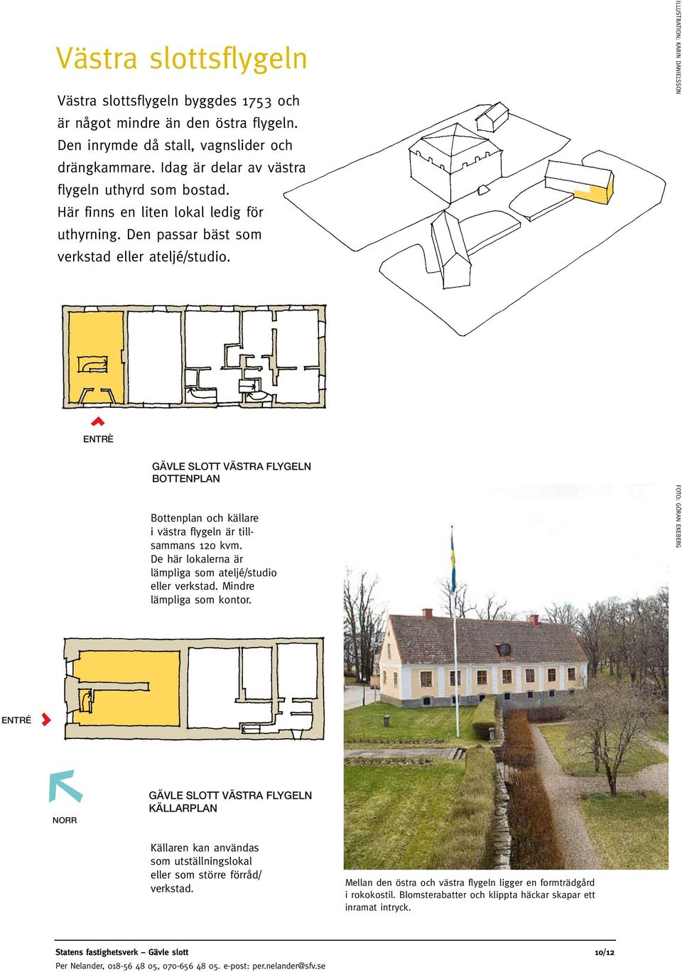 ENTRÈ GÄVLE SLOTT VÄSTRA FLYGELN BOTTENPLAN Bottenplan och källare i västra flygeln är tillsammans 120 kvm. De här lokalerna är lämpliga som ateljé/studio eller verkstad. Mindre lämpliga som kontor.