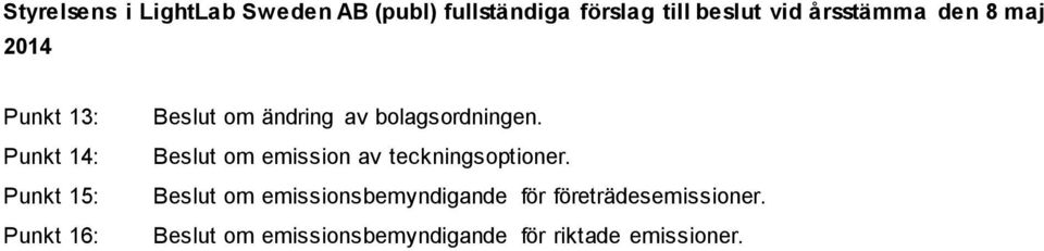 av bolagsordningen. Beslut om emission av teckningsoptioner.