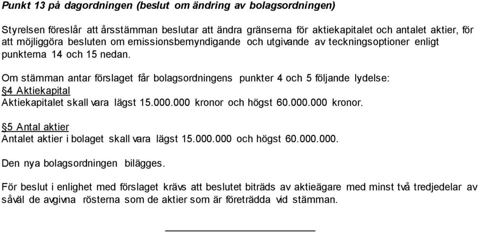 Om stämman antar förslaget får bolagsordningens punkter 4 och 5 följande lydelse: 4 Aktiekapital Aktiekapitalet skall vara lägst 15.000.000 kronor 