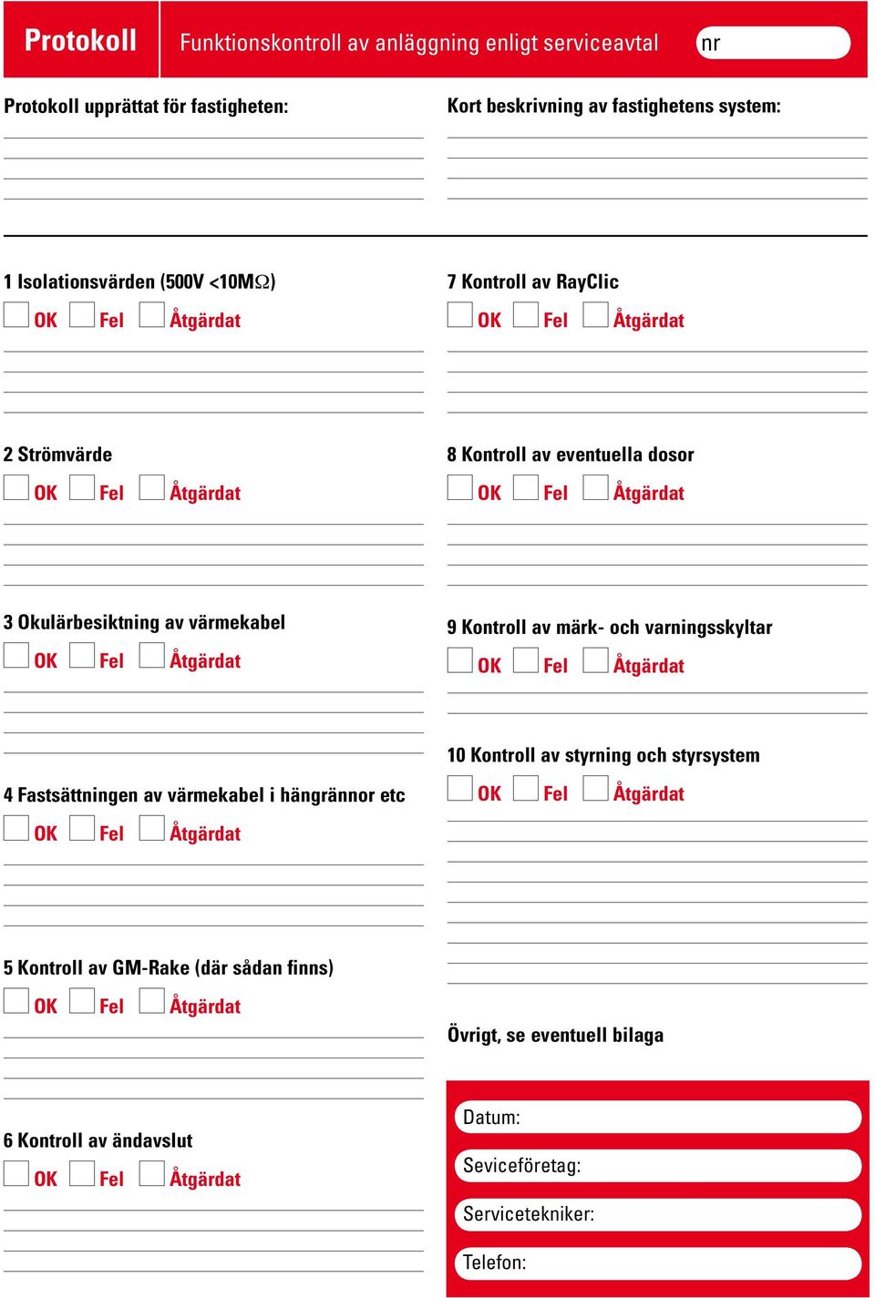 av värmekabel 9 Kontroll av märk- och varningsskyltar 10 Kontroll av styrning och styrsystem 4 Fastsättningen av värmekabel i hängrännor