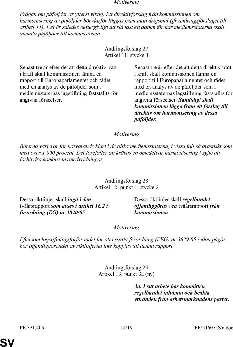 Ändringsförslag 27 Artikel 11, stycke 1 Senast tre år efter det att detta direktiv trätt i kraft skall kommissionen lämna en rapport till Europaparlamentet och rådet med en analys av de påföljder som