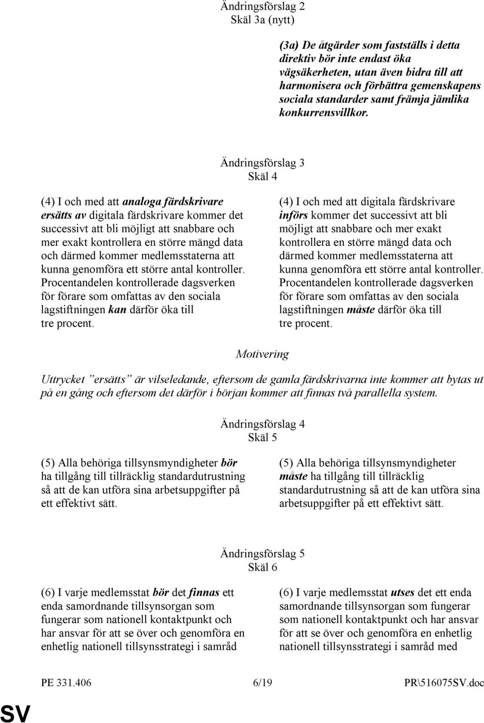 Ändringsförslag 3 Skäl 4 (4) I och med att analoga färdskrivare ersätts av digitala färdskrivare kommer det successivt att bli möjligt att snabbare och mer exakt kontrollera en större mängd data och