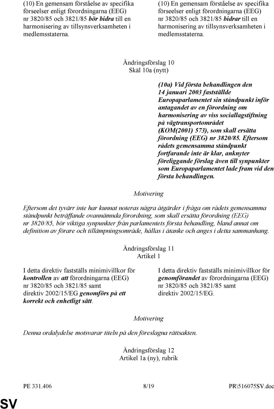 Ändringsförslag 10 Skäl 10a (nytt) (10a) Vid första behandlingen den 14 januari 2003 fastställde Europaparlamentet sin ståndpunkt inför antagandet av en förordning om harmonisering av viss