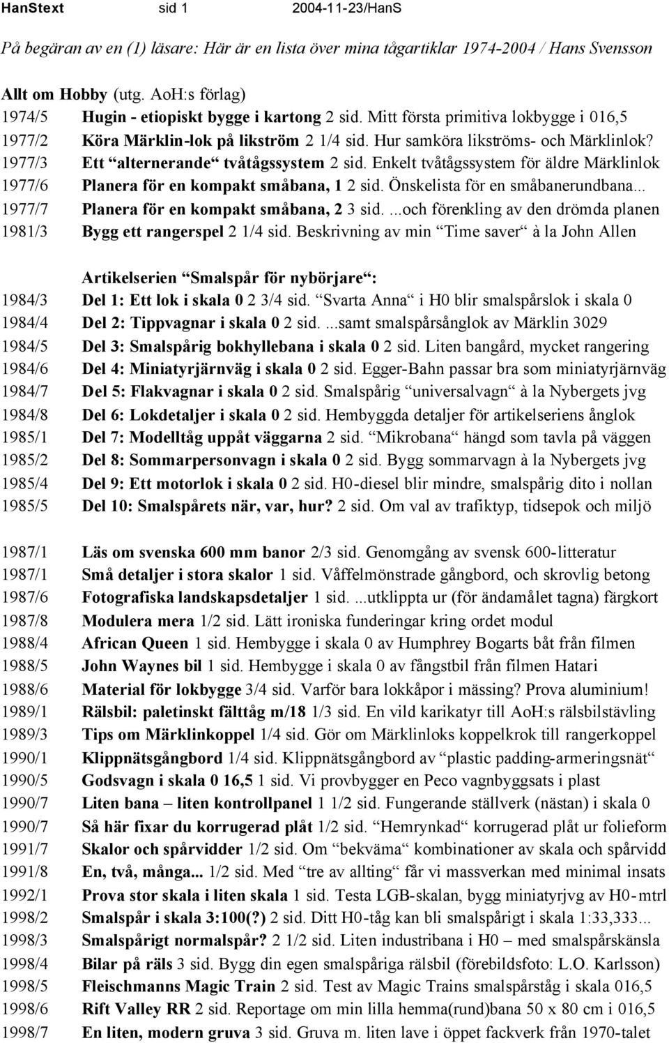 1977/3 Ett alternerande tvåtågssystem 2 sid. Enkelt tvåtågssystem för äldre Märklinlok 1977/6 Planera för en kompakt småbana, 1 2 sid. Önskelista för en småbanerundbana.