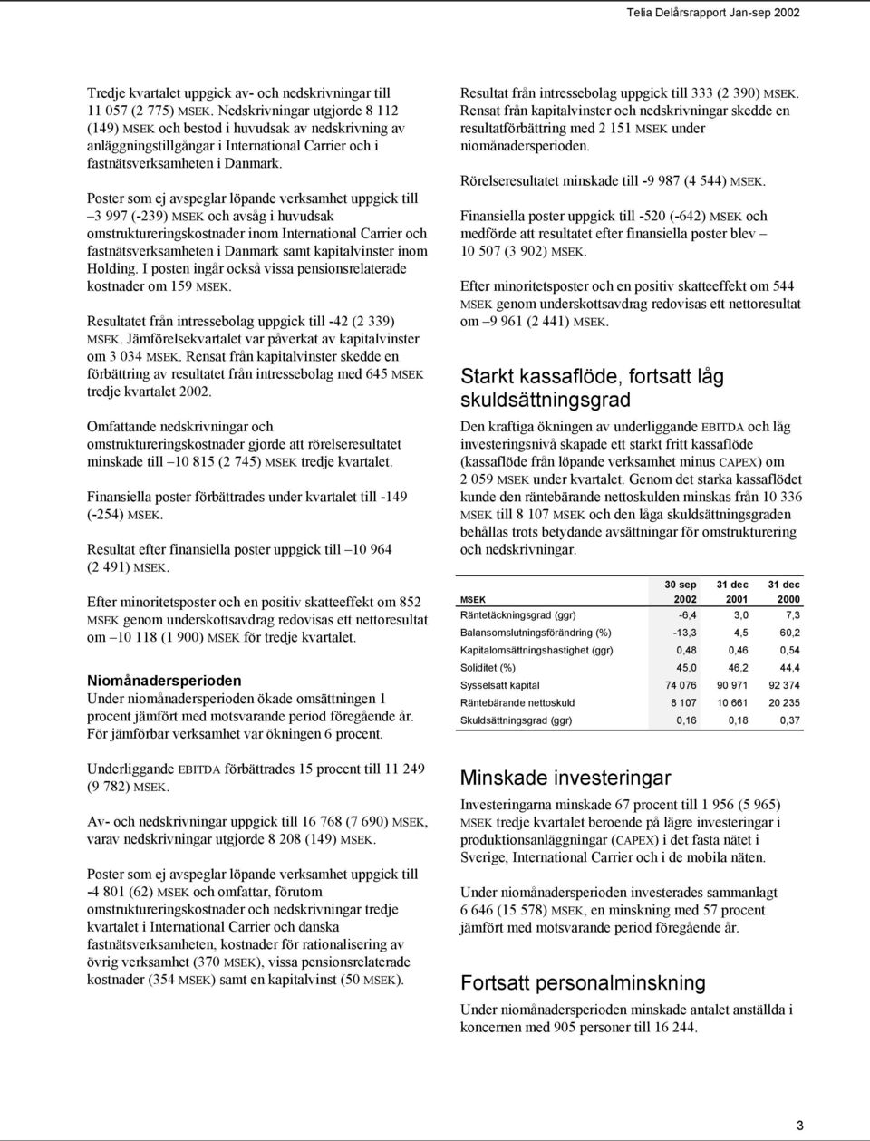 Poster som ej avspeglar löpande verksamhet uppgick till 3 997 (-239) och avsåg i huvudsak omstruktureringskostnader inom International Carrier och fastnätsverksamheten i Danmark samt kapitalvinster