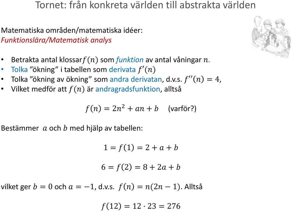 Tolka ökning i tabellen som derivata f (n) Tolka ökning av ökning som andra derivatan, d.v.s. f n = 4, Vilket medför att f(n) är andragradsfunktion, alltså f n = 2n 2 + an + b (varför?