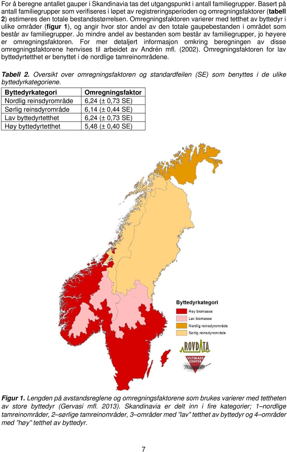 Omregningsfaktoren varierer med tetthet av byttedyr i ulike områder (figur 1), og angir hvor stor andel av den totale gaupebestanden i området som består av familiegrupper.