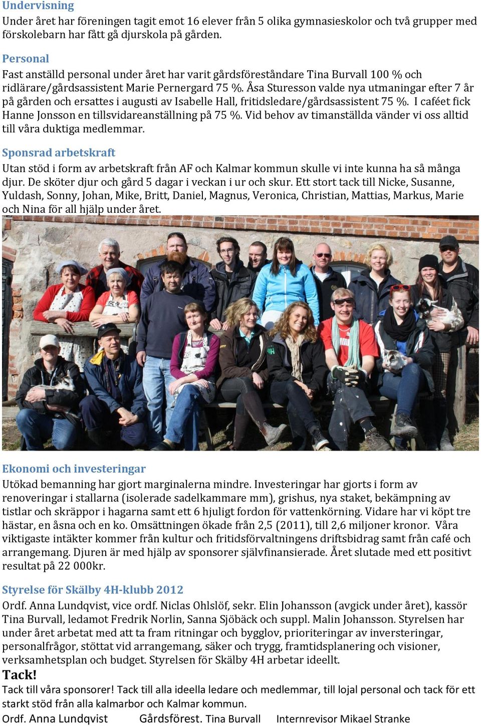 Åsa Sturesson valde nya utmaningar efter 7 år på gården och ersattes i augusti av Isabelle Hall, fritidsledare/gårdsassistent 75 %. I caféet fick Hanne Jonsson en tillsvidareanställning på 75 %.