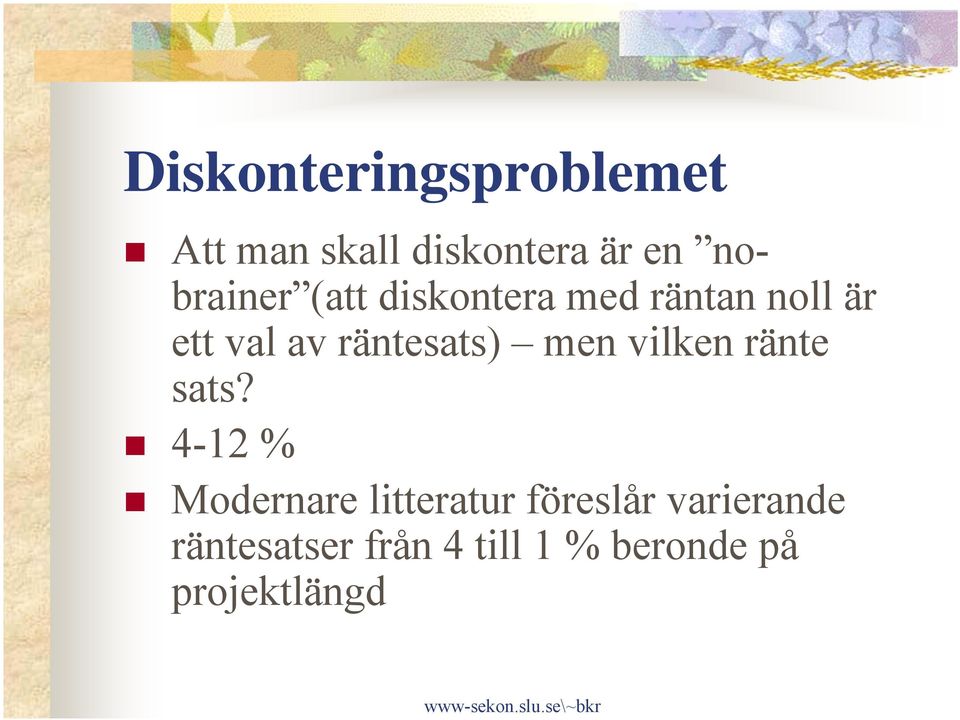 nobrainer (att diskontera med räntan noll är ett val av räntesats)