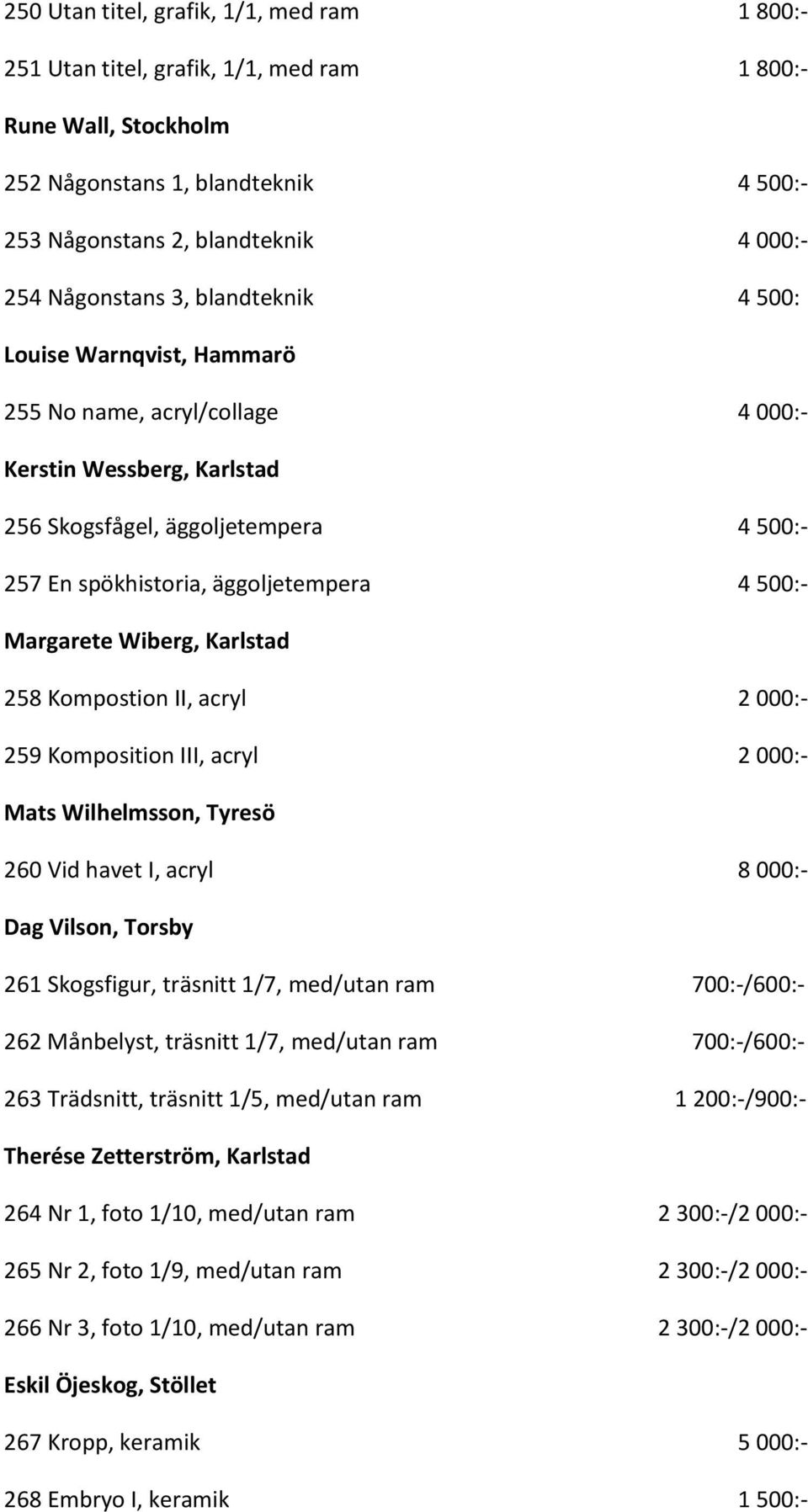 500:- Margarete Wiberg, Karlstad 258 Kompostion II, acryl 2 000:- 259 Komposition III, acryl 2 000:- Mats Wilhelmsson, Tyresö 260 Vid havet I, acryl 8 000:- Dag Vilson, Torsby 261 Skogsfigur,