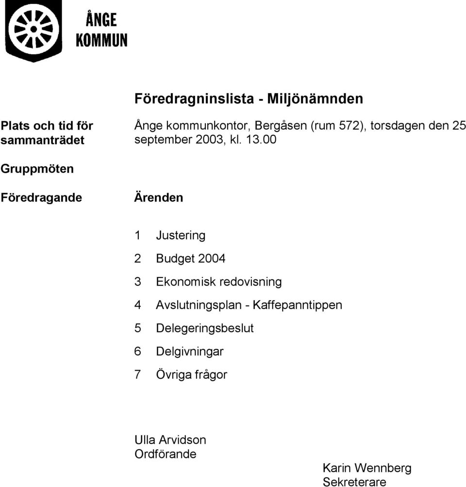 00 Gruppmöten Föredragande Ärenden 1 Justering 2 Budget 2004 3 Ekonomisk redovisning 4