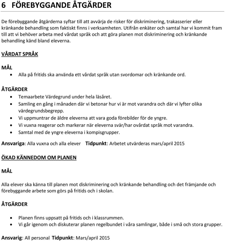 VÅRDAT SPRÅK Alla på fritids ska använda ett vårdat språk utan svordomar och kränkande ord. ÅTGÄRDER Temaarbete Värdegrund under hela läsåret.