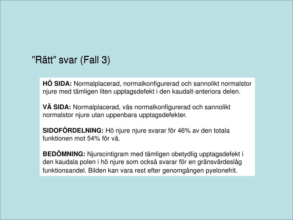 delen. VÄ SIDA: Normalplacerad, väs normalkonfigurerad och sannolikt normalstor utan njure uppenbara utan uppenbara upptagsdefekter.