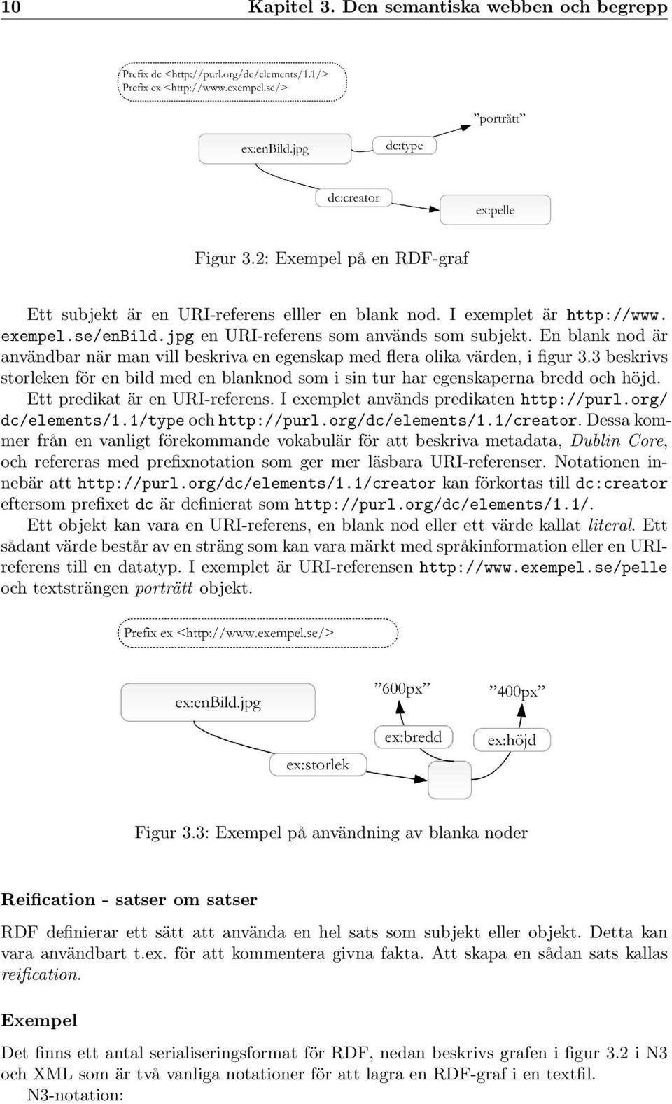 3 beskrivs storleken för en bild med en blanknod som i sin tur har egenskaperna bredd och höjd. Ett predikat är en URI-referens. I exemplet används predikaten http://purl.org/ dc/elements/1.
