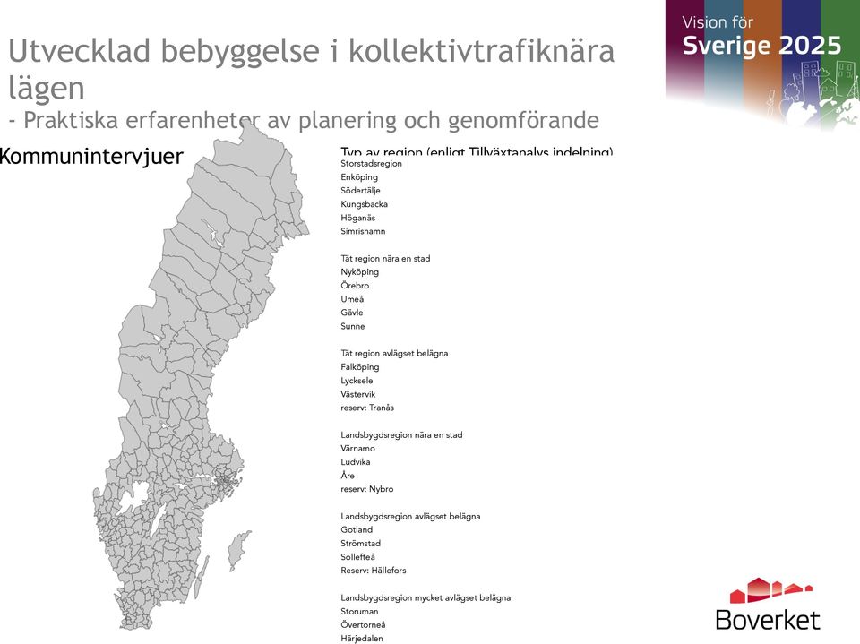 Sunne Tät region avlägset belägna Falköping Lycksele Västervik reserv: Tranås Landsbygdsregion nära en stad Värnamo Ludvika Åre reserv: Nybro
