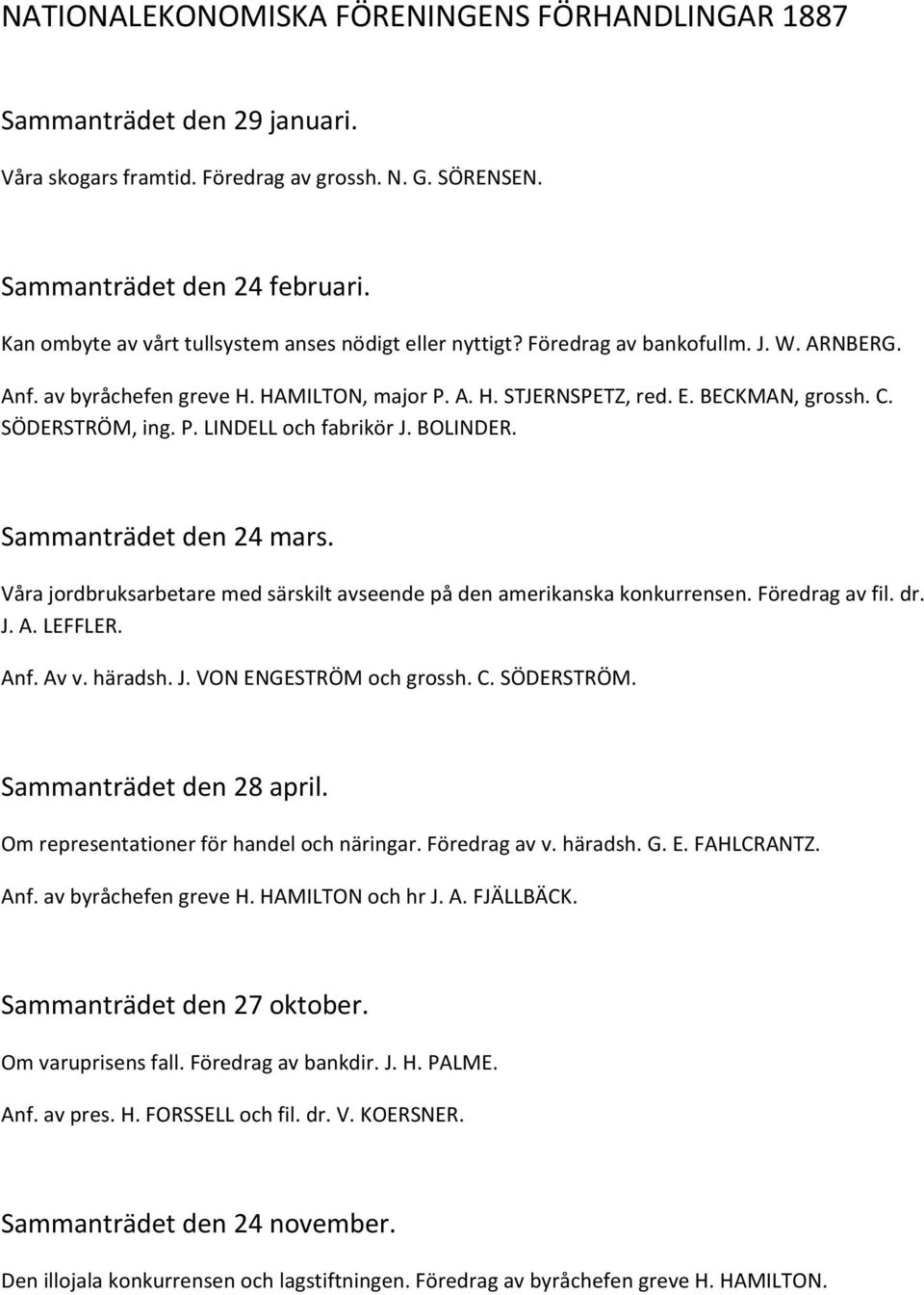 SÖDERSTRÖM, ing. P. LINDELL och fabrikör J. BOLINDER. Sammanträdet den 24 mars. Våra jordbruksarbetare med särskilt avseende på den amerikanska konkurrensen. Föredrag av fil. dr. J. A. LEFFLER. Anf.