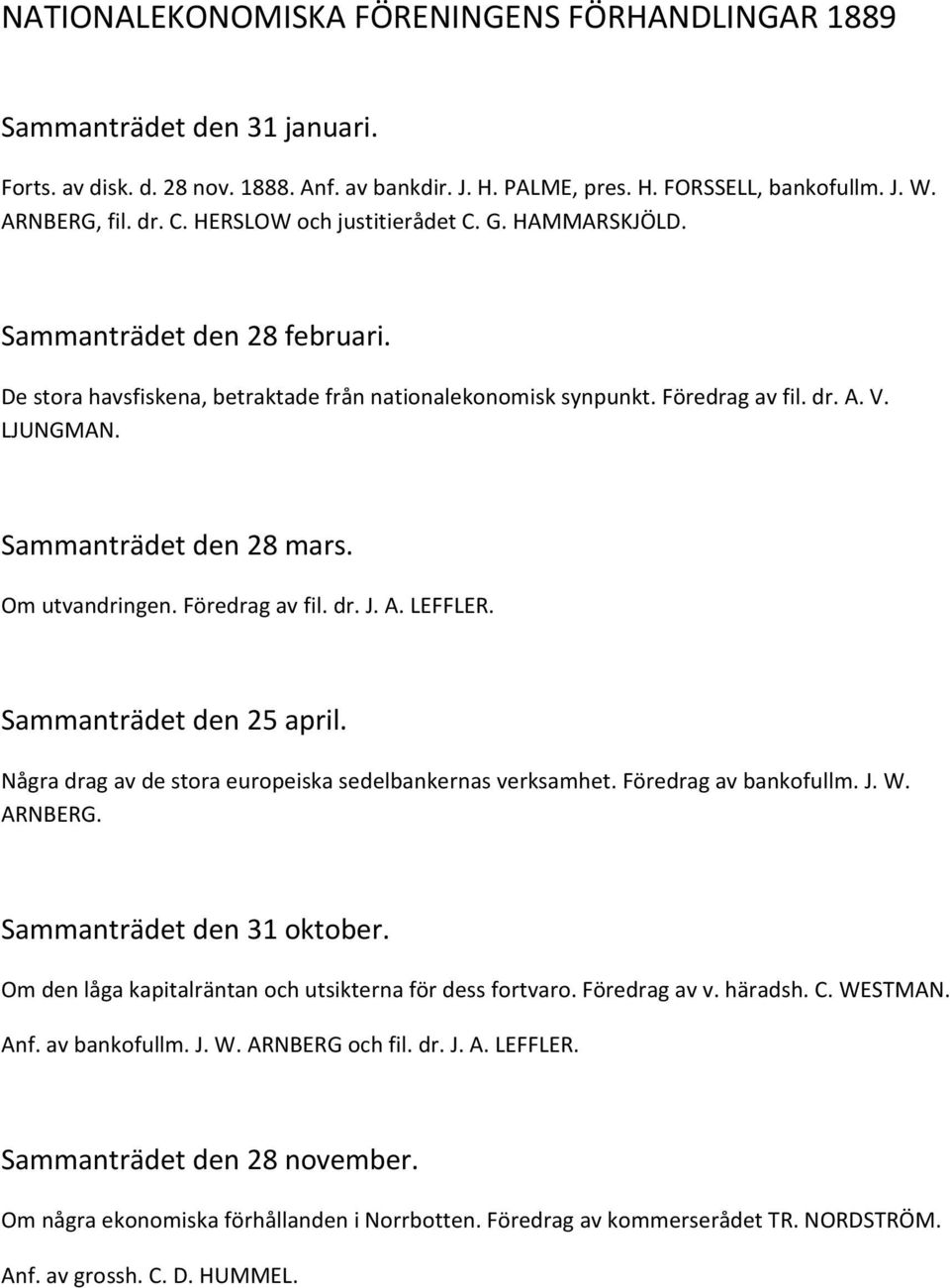 Sammanträdet den 28 mars. Om utvandringen. Föredrag av fil. dr. J. A. LEFFLER. Sammanträdet den 25 april. Några drag av de stora europeiska sedelbankernas verksamhet. Föredrag av bankofullm. J. W.