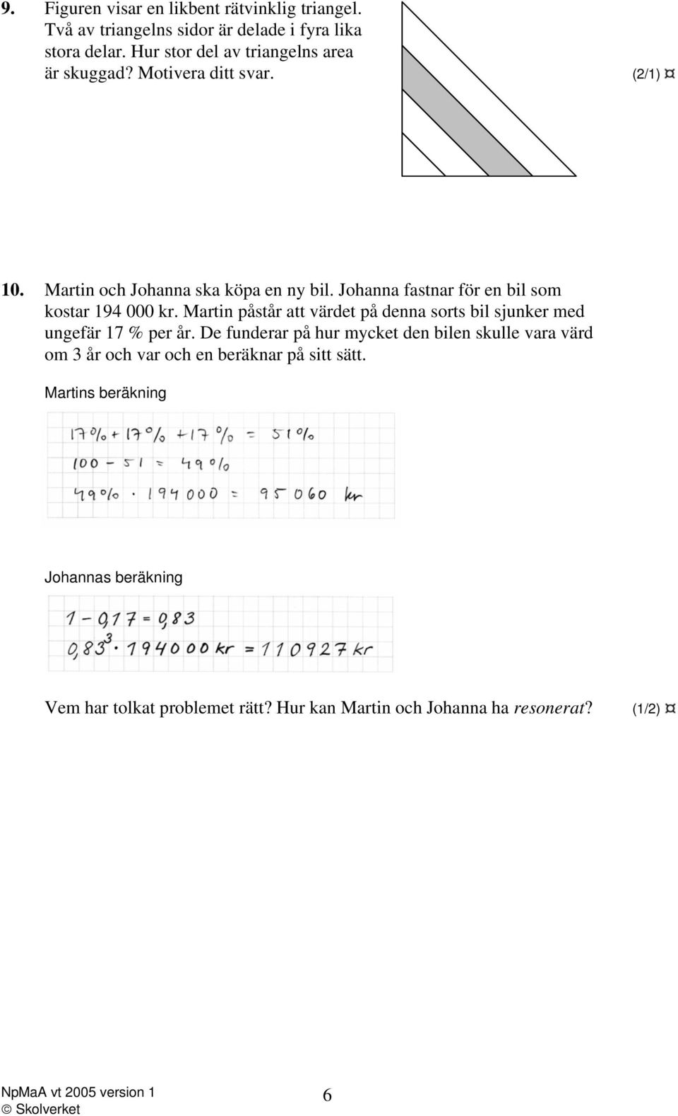 Johanna fastnar för en bil som kostar 194 000 kr. Martin påstår att värdet på denna sorts bil sjunker med ungefär 17 % per år.