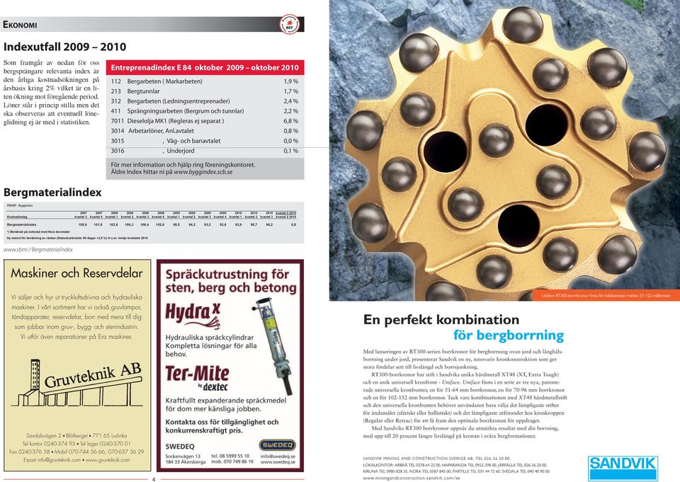 Entreprenadindex E 84 oktober 2009 oktober 2010 112 Bergarbeten ( Markarbeten) 1,9 % 213 Bergtunnlar 1,7 % 312 Bergarbeten (Ledningsentreprenader) 2,4 % 411 Sprängningsarbeten (Bergrum och tunnlar)