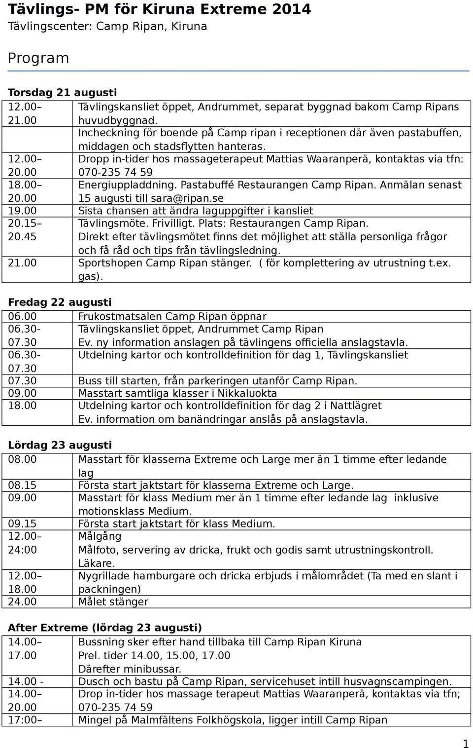 00 070-235 74 59 18.00 20.00 19.00 Sista chansen att ändra laguppgifter i kansliet 20.15 20.45 Energiuppladdning. Pastabuffé Restaurangen Camp Ripan. Anmälan senast 15 augusti till sara@ripan.