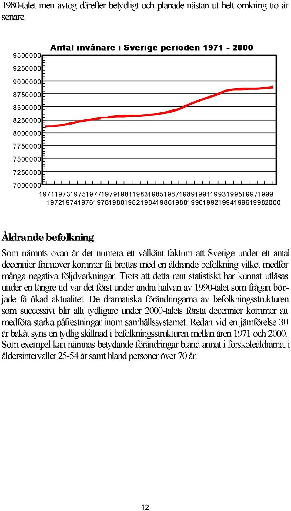 197219741976197819801982198419861988199019921994199619982000 Åldrande befolkning Som nämnts ovan är det numera ett välkänt faktum att Sverige under ett antal decennier framöver kommer få brottas med