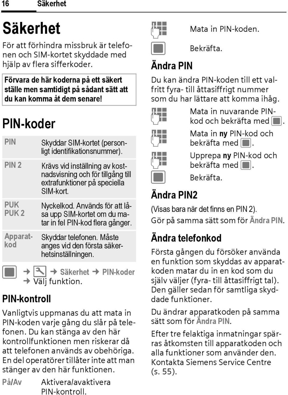 PIN-kontroll Vanligtvis uppmanas du att mata in PIN-koden varje gång du slår på telefonen. Du kan stänga av den här kontrollfunktionen men riskerar då att telefonen används av obehöriga.