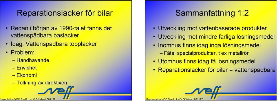 Utveckling mot vattenbaserade produkter Utveckling mot mindre farliga lösningsmedel Inomhus finns idag inga