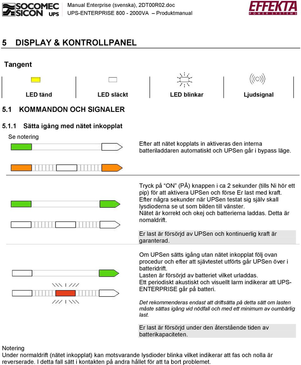 Tryck på ON (PÅ) knappen i ca 2 sekunder (tills Ni hör ett pip) för att aktivera UPSen och förse Er last med kraft.