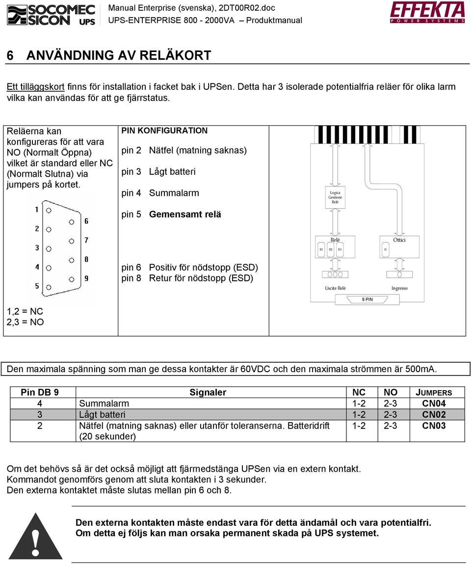 PIN KONFIGURATION pin 2 Nätfel (matning saknas) pin 3 Lågt batteri pin 4 Summalarm pin Gemensamt relä Logica Gestione Relè Relè Ottici R1 R2 R3 I1 pin 6 Positiv för nödstopp (ESD) pin 8 Retur för