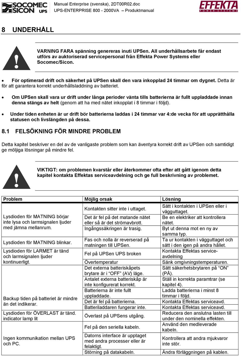 Om UPSen skall vara ur drift under långa perioder vänta tills batterierna är fullt uppladdade innan denna stängs av helt (genom att ha med nätet inkopplat i 8 timmar i följd).