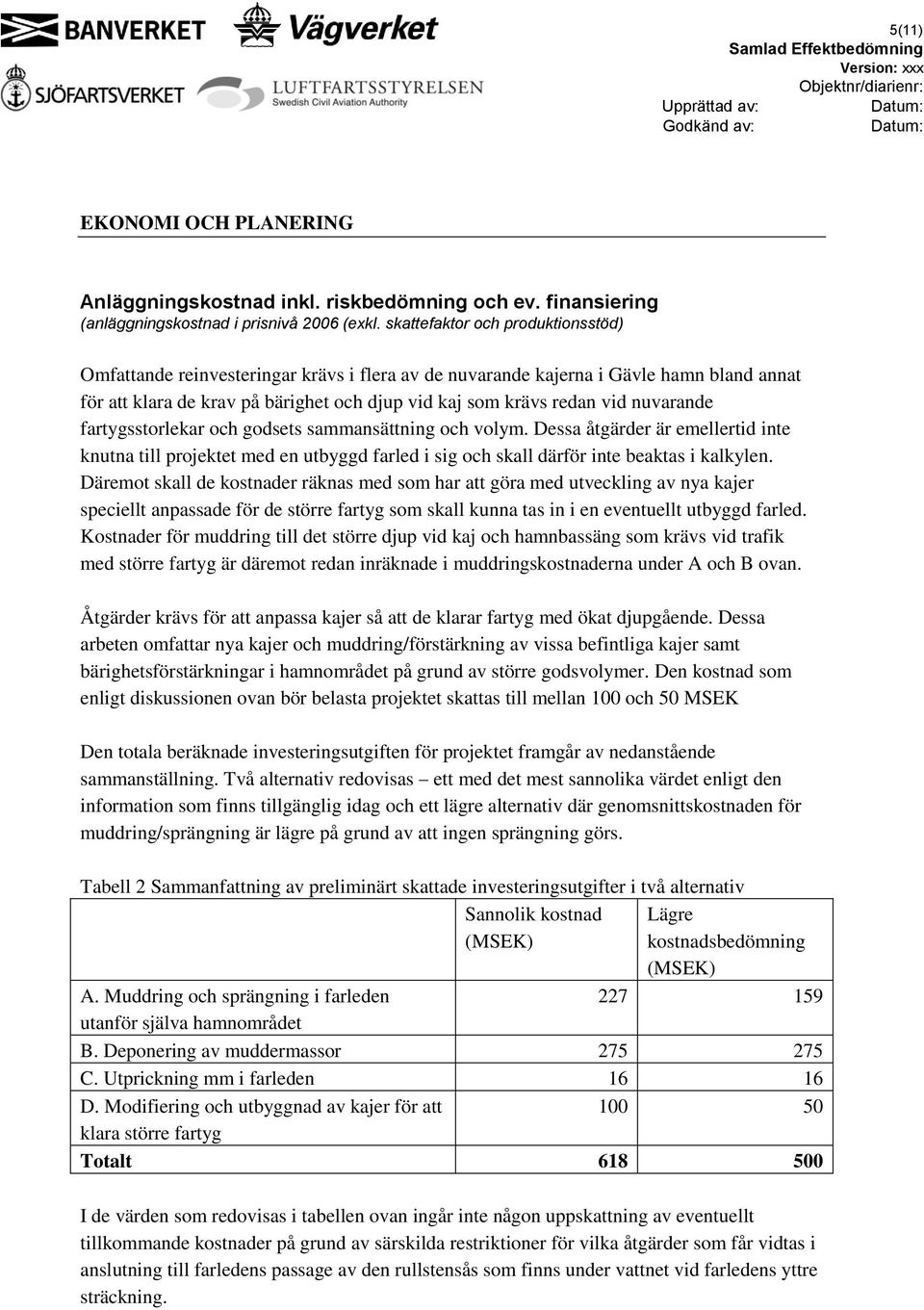 nuvarande fartygsstorlekar och godsets sammansättning och volym. Dessa åtgärder är emellertid inte knutna till projektet med en utbyggd farled i sig och skall därför inte beaktas i kalkylen.